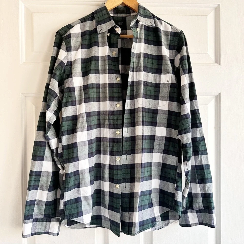 J. Crew Slim Broken-in cotton oxford shirt green plaid small